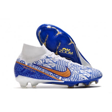 Nike Zoom Mercurial Superfly 9 Elite FG Homme Blanc Bleu Or